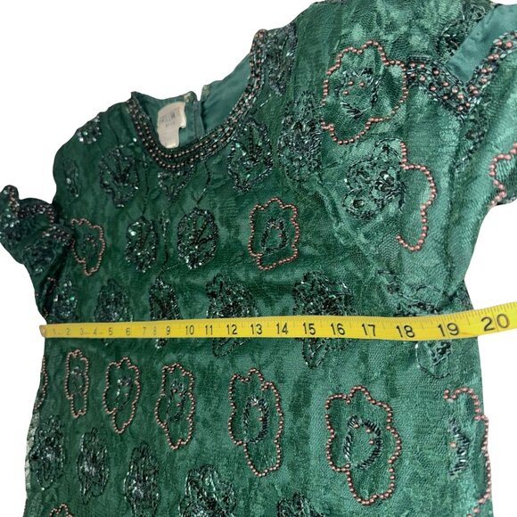 Brilliante by J.A.Vintage Beaded & Sequins Dark Green Lace MidiScallop Hem Sz M - Picture 8 of 13
